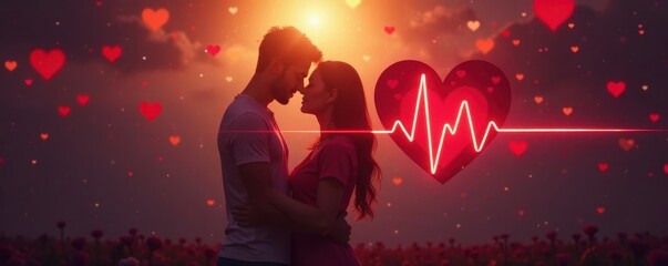 Obraz premium A couple embracing with a heartbeat symbol over their intertwined hearts, connection, love life, affection