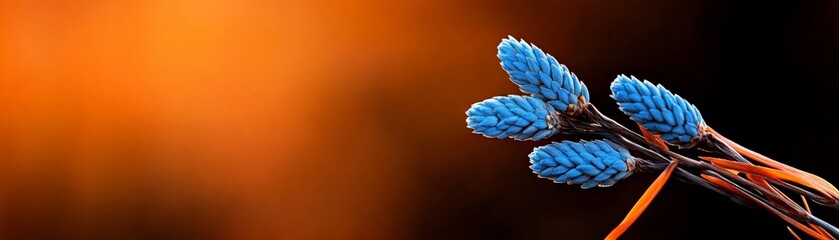 Azure Bloom: Three vibrant blue flower buds emerge against a warm, blurred orange backdrop, creating a striking contrast and a sense of delicate beauty.