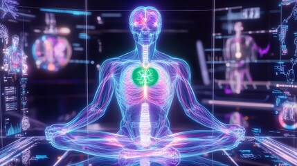 Serene 3D Render: Vibrant Human Anatomy Meditating in Futuristic Lab. AI Generated