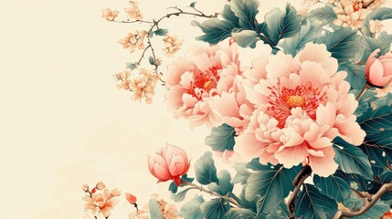 Elegant Floral Composition Featuring Soft Pink Peonies and Blossoms on a Subtle Background for Decorative and Artistic Purposes