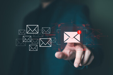 Business man using smartphone and computer that show warning sign after got attack phishing email by malware from hacker that commit cyber crime or software crash to cause an error.