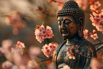 Greeting card with ancient statue great Buddha on bright holiday composition, abstract vivid composition consists of fictional unreal fantastic vision on background