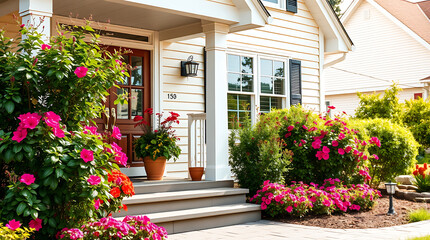 Naklejka premium Residential House with Front Porch and Landscaped Flowerbeds