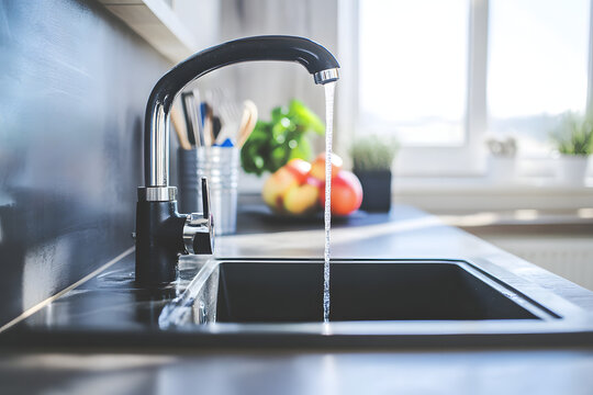 Modern kitchen sink with chrome faucet and flowing water