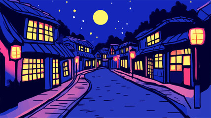 Japanese street glowing under full moon at night