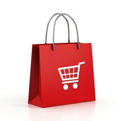 A 3D red shopping bag with a white icon of a cart, isolated on a white background. Ideal for e-commerce, retail, and promotional designs