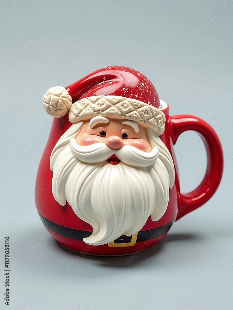 Poster a festive holiday coffee mug featuring a foam santa claus design in a top view layout with copy spac