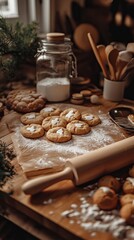 A cozy kitchen scene with baking ingredients, rolling pin, and freshly baked cookies