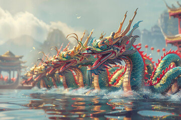 Fototapeta premium Beautiful holiday composition for happy celebrate chinese dragon boat festival, abstract vivid composition consists of fictional unreal fantastic vision on background
