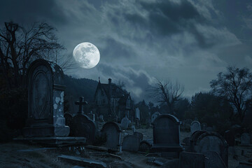 Fantastically mysterious cemetery with tombstones and terribly scary atmosphere, abstract vivid composition consists of fictional unreal fantastic vision on background