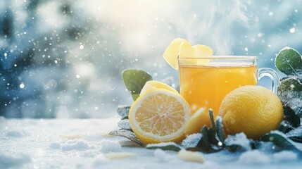 A glass of tea with a lemon slice in it sits on a table with snow on the ground