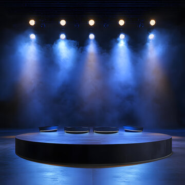 Concert stage with bright spotlights and a DJ setup featuring vinyl records and digital music equipment creating a retro yet modern sound atmosphere
