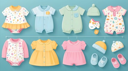 A charming vector illustration of baby clothes hangers, each holding a garment such as a onesie, romper, and cardigan, featuring delicate embroidered details
