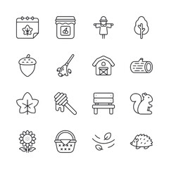 A collection of seasonal icons including a bee, a squirrel, a tree, and a house