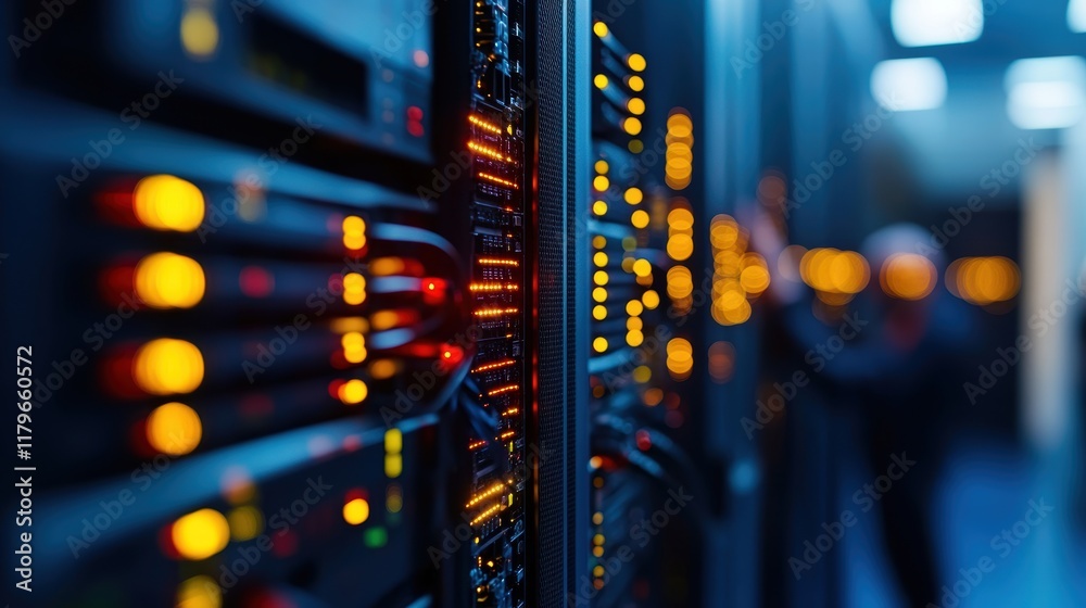 Poster dynamic server configuration with multiple units showcasing modern technology in a high capacity dat
