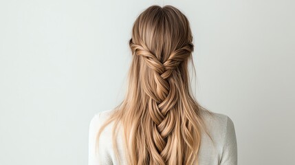 Naklejka premium Long, silky extensions styled in a waterfall braid, draped over a luxurious marble base