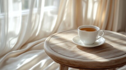 Fototapeta premium Sunlit teacup on wooden side table.