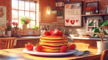 Naklejka premium A cozy pancake caf serving heart-shaped pancakes with syrup and strawberries