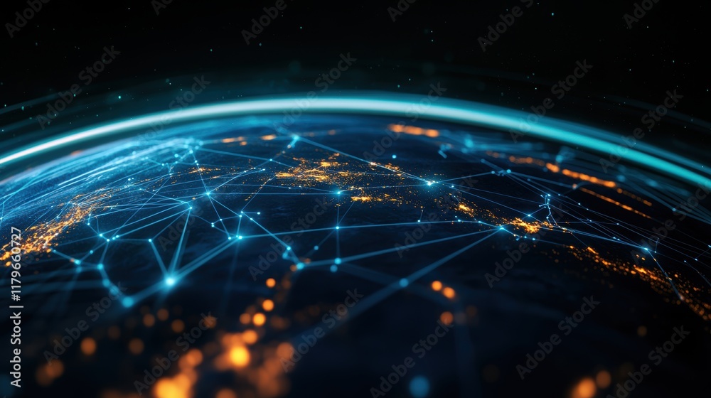 Poster illuminated globe representing global connectivity with bright network of lights symbolizing communi