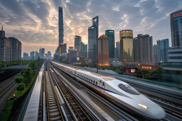 Fototapeta premium Modern big high-speed train in fast motion passes through railway stations, abstract vivid composition consists of fictional unreal fantastic vision on background