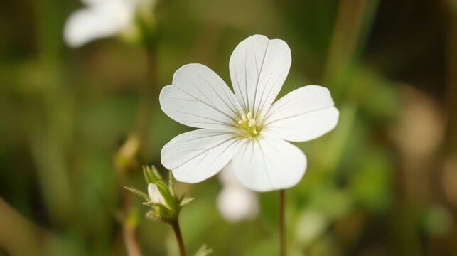 A delicate white flower with distinct veins blooms in a soft green meadow sunlight