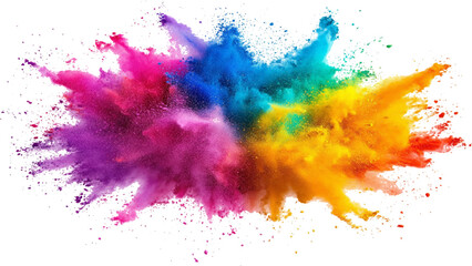 Bright rainbow holi powder explosion with a dynamic mix of colors. Explosion of rainbow color powder on white background. , isolated on white background, , copy space for text,