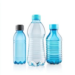 Environment, eco friendly, plastic. Three different plastic water bottles in various shades of blue against a white background.
