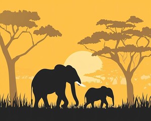 Fototapeta premium Silhouettes of elephants walking at sunset among trees in warm colors.