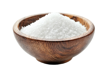 Sea salt in a wooden bowl, isolated on transparent cutout background
