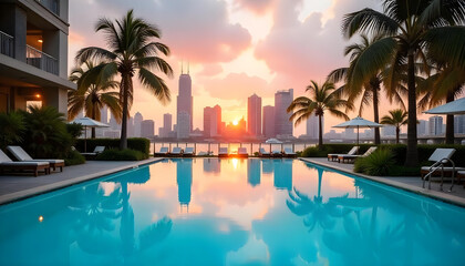 A tropical pool with palm trees overlooking a city skyline in the background
