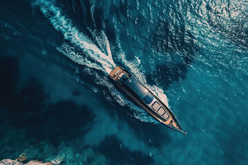 Obraz premium Luxury private big motor yacht in tropical sea with soft blue wave, abstract vivid composition consists of fictional unreal fantastic vision on background
