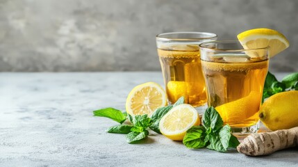 Fototapeta premium Two glasses of tea with lemon slices and mint leaves on a table