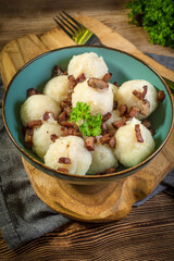 Meat stuffed potato dumplings.
