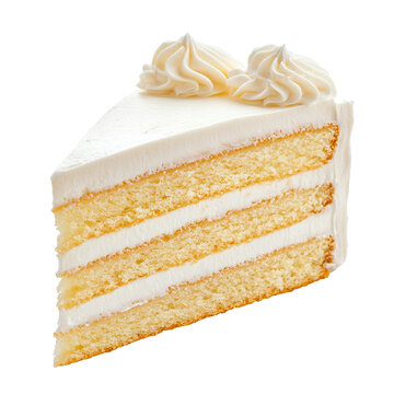 Slice of creamy vanilla layer cake with frosting, isolated on transparent cutout background
