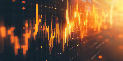Fototapeta premium A financial chart with glowing orange bars against a dark background, symbolizing data analysis, market trends, and financial growth.