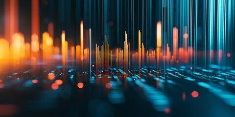 A 3D visualization of glowing orange and blue data bars on a digital platform, symbolizing technology, innovation, and analytics.