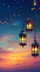 Glowing Ramadan lanterns under a stunning sunset background, peaceful evening atmosphere, extra space is provided for text