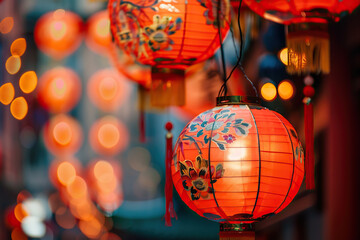 Obraz premium Beautiful holiday composition for happy celebrate chinese festival of lanterns, abstract vivid composition consists of fictional unreal fantastic vision on background