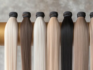 Straight hair extensions in various shades of blonde, draped elegantly over a golden display stand