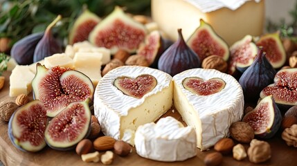 A gourmet cheese board arranged with figs, nuts, and heart-shaped brie