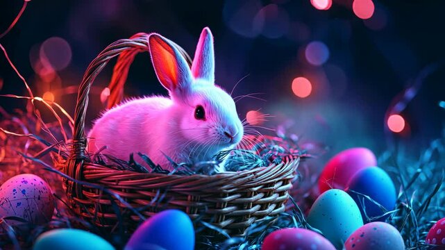 Abstract colorful Easter eggs in basket and rabbit on black technology background.