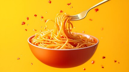 Golden Fork Twirling Pasta in a Bowl with Spaghetti Falling Against a Vibrant Yellow Background