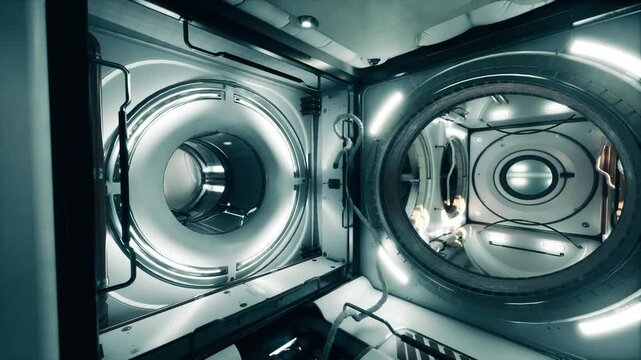The interior of a space station showcases sleek, modern design with circular elements and sophisticated lighting. Technology fills the area, emphasizing a unique extraterrestrial environment.