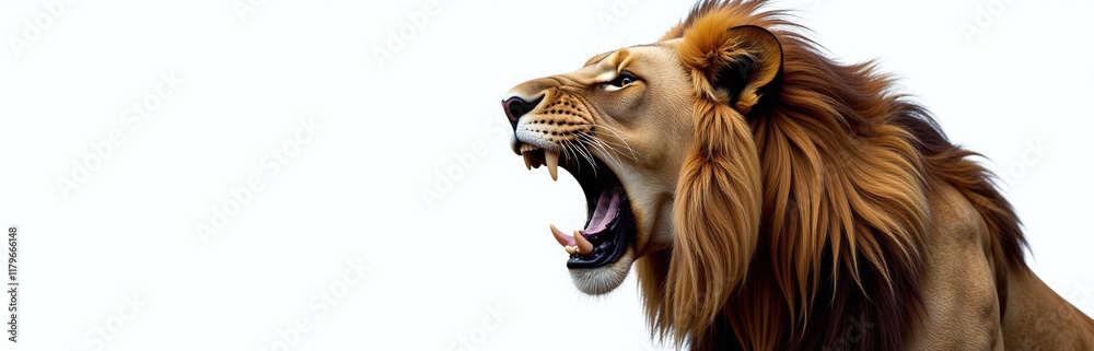 Poster a dramatic lion portrait with a fierce roar, isolated against a crisp white background, creating a s