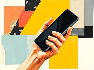 Contemporary art collage artwork featuring a hand holding a modern phone