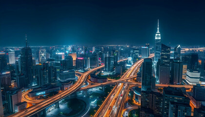 A nighttime aerial view of a large, densely populated city with towering skyscrapers and brightly lit highways and streets