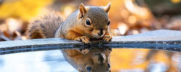 A curious squirrel gazes into a reflective pool, surrounded by autumn foliage, capturing a moment of nature's tranquility.