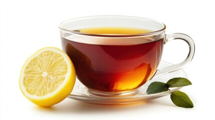 A cup of tea with a lemon slice in it