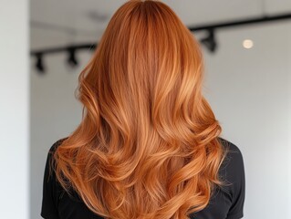 Obraz premium Synthetic hair wig in fiery red, styled in dramatic waves, glowing softly under a spotlight