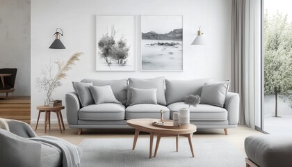 Modern Gray Sofa in Minimalist Living Room Interior Design